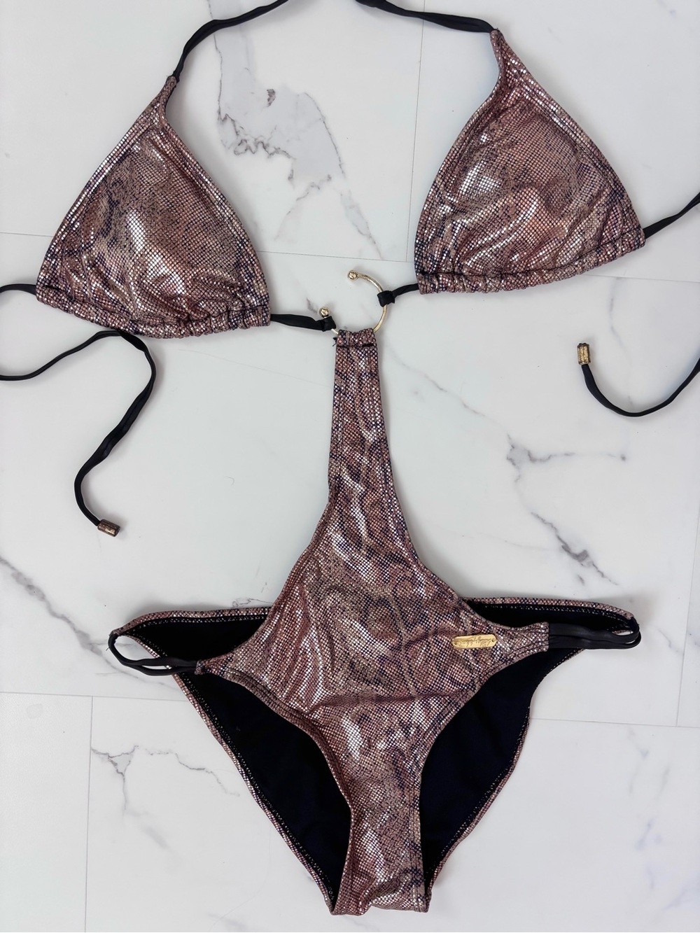 Baby Phat Vintage Y2K Metallic Bikini Swimsuit Rose Gold Shimmer Designer Swimwe